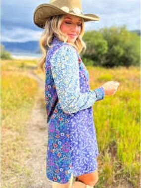 SSYS Livvy Patchwork Floral Shift Dress in Mixed Blues